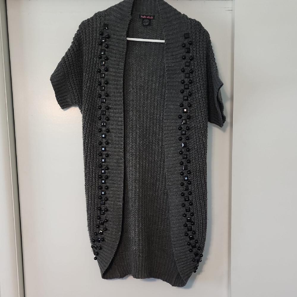 Gray Chunky Knit Cardigan Sweater with Metal Closures